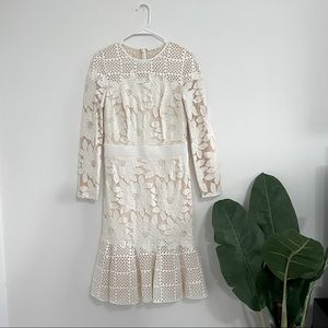 Tadashi Shoji White & Tan Floral Long Sleeve Dress